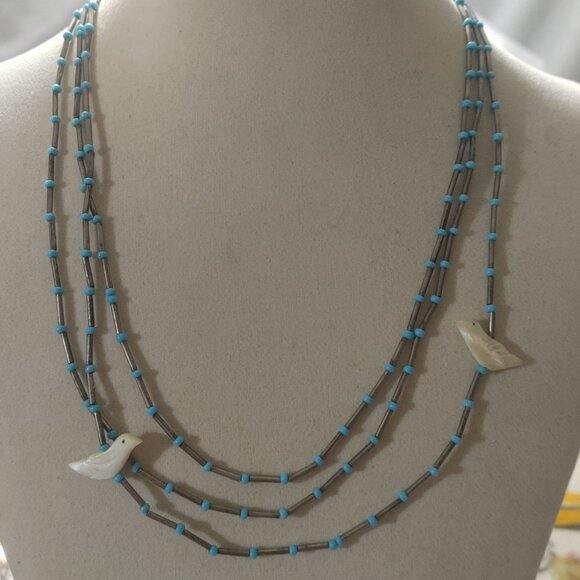 Vintage Fetish Multi Strand Necklace Turquoise Silver 925 Bead Mother Of Pearl - Picture 1 of 9
